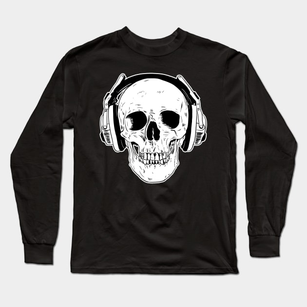 Skull Wearing Headphones Long Sleeve T-Shirt by Black Snow Comics